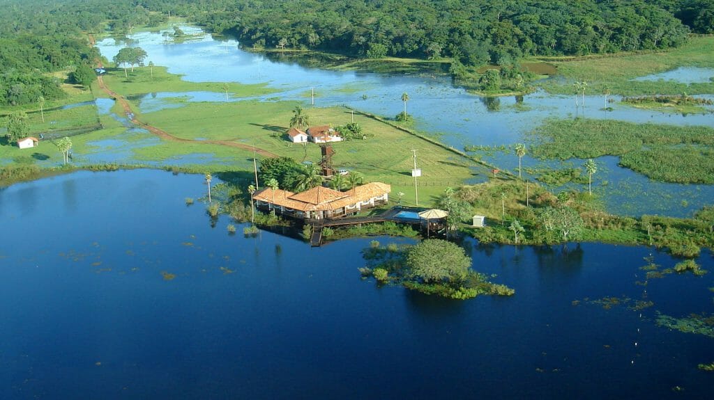 Aerial view of Baiazinha Lodge, Caiman Ecolodge, Pantanal, Brazil