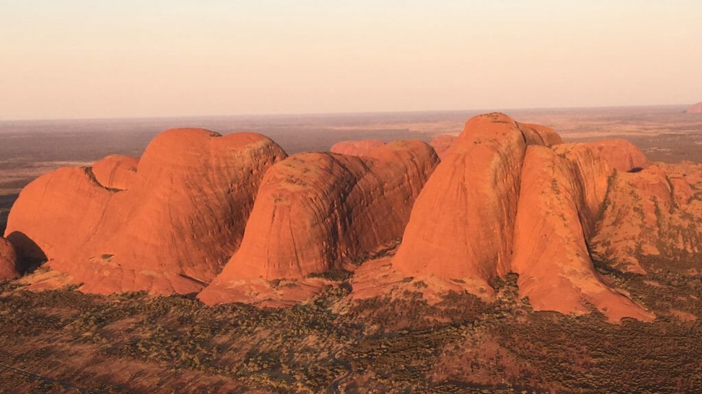 Aerial view of the Olgas in the Red Centre at sunset
