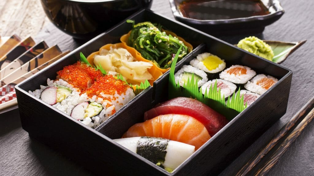 Bento box with sushi and rolls