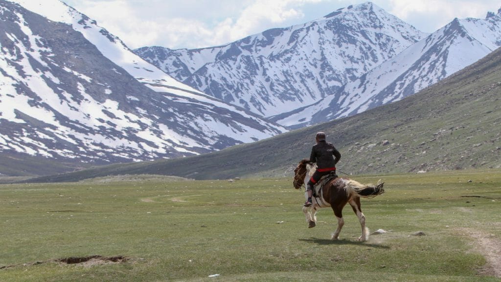 Boy galloping across the open steppe towards snow capped mountains.