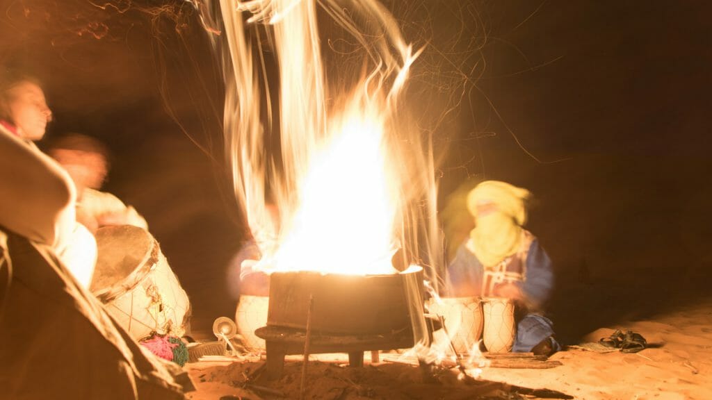 Campfire in desert, Morocco