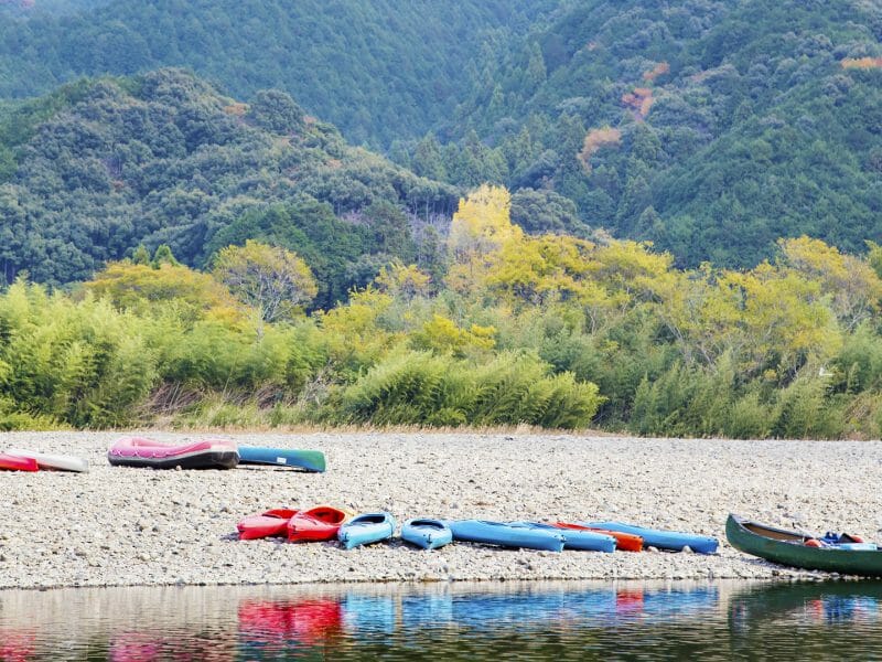 Canoes on the Shimanto River Bank, Shikoku, Japan