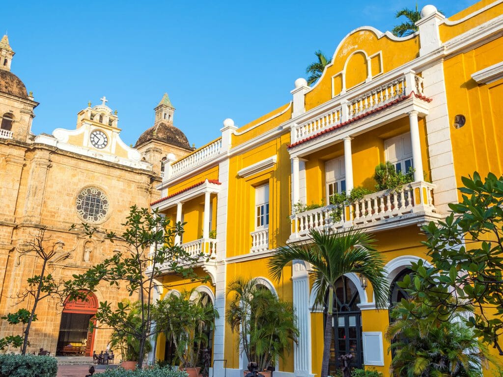 Church and Yellow Colonial Building, Cartagena, Colombia