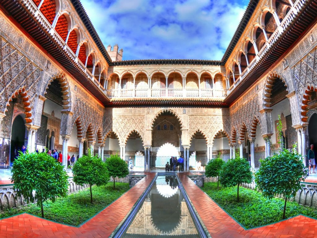 The Courtyard of the Maidens patio in Royal Alcazars of Seville, Spain