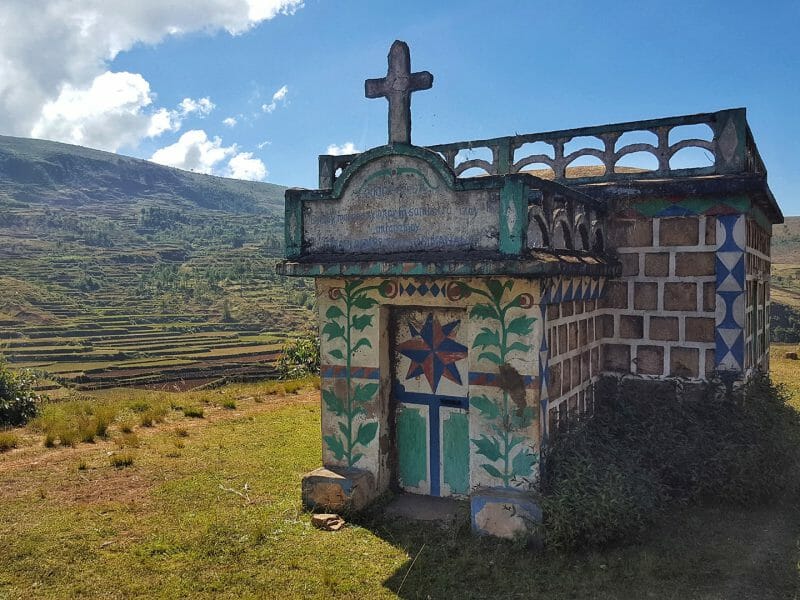 Family tomb and rice paddies, Madagascar