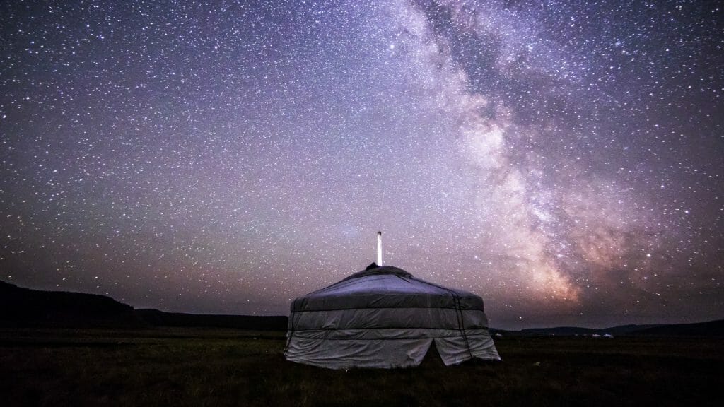 Ger tent at night with the Milky Way above