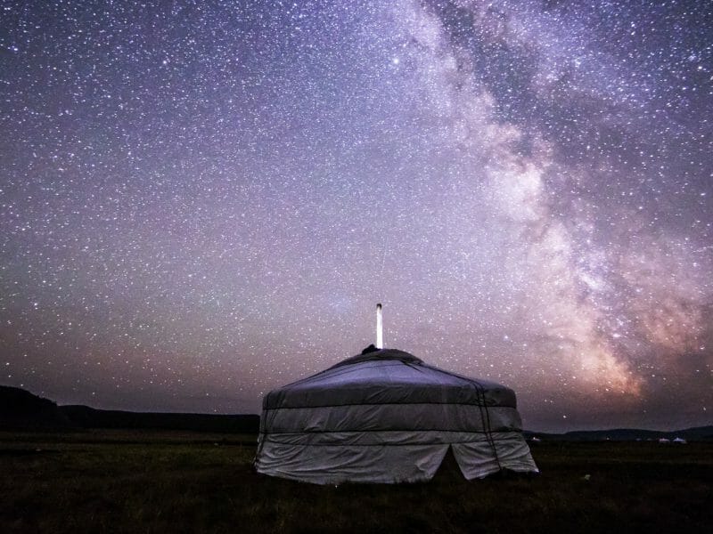Ger tent at night with the Milky Way above