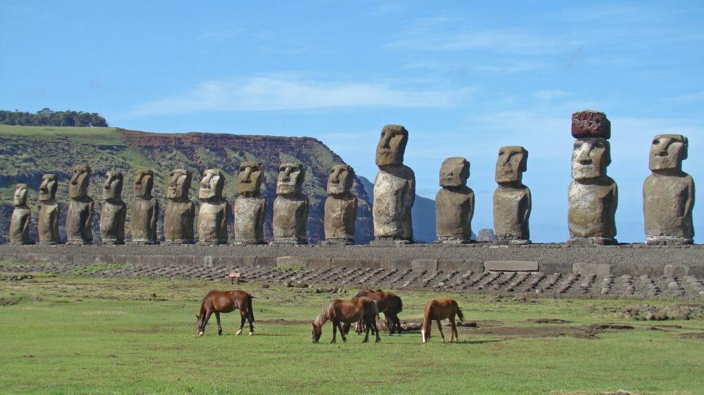 Horses And Moai, Easter Island, Chile