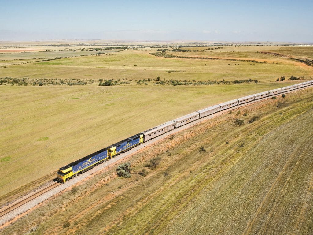 Indian Pacific Train heading Eastbound through Clare Valley, Australia