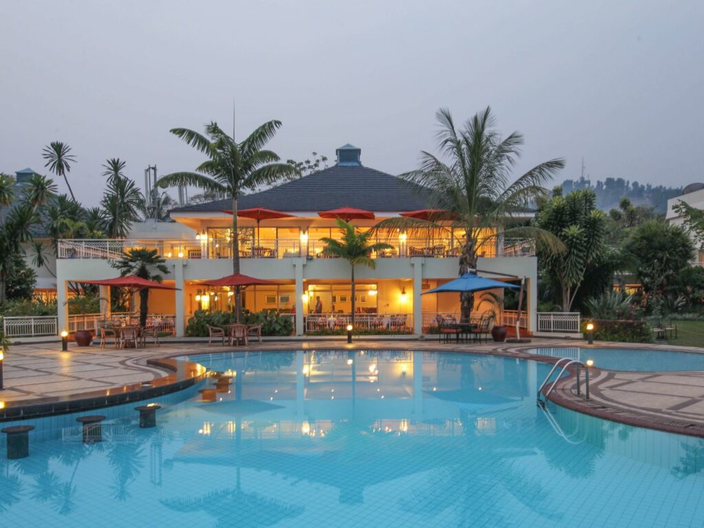 Lake Kivu Serena Hotel, Evening shot poolside looking towards hotel, Lake Kivu, Rwanda