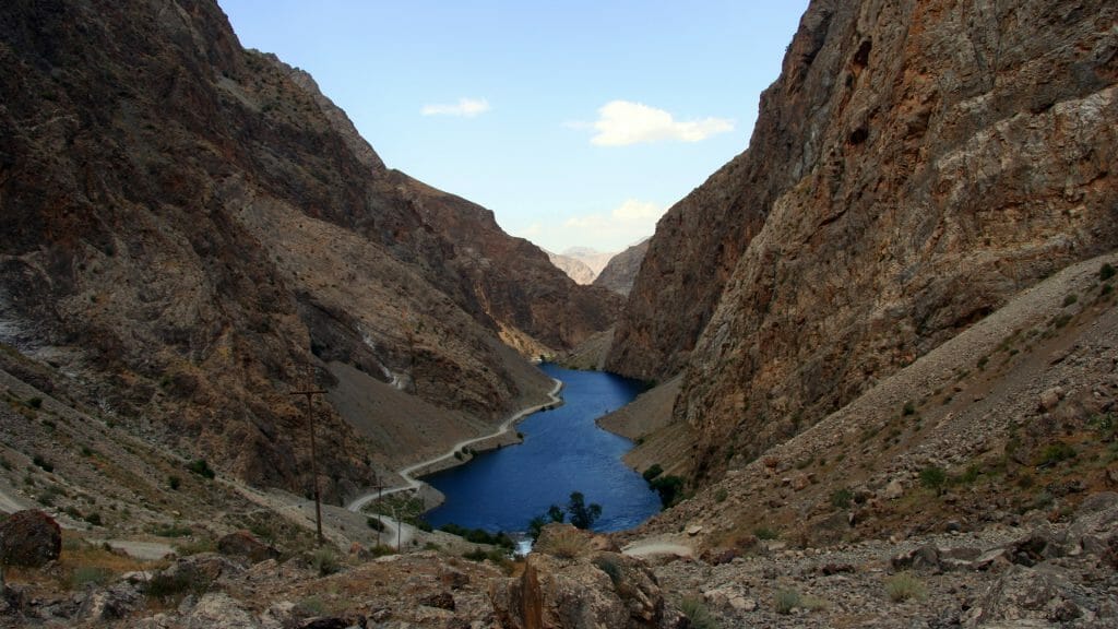 One of Tajikistans Seven Marguzor Lakes in a steep valley.