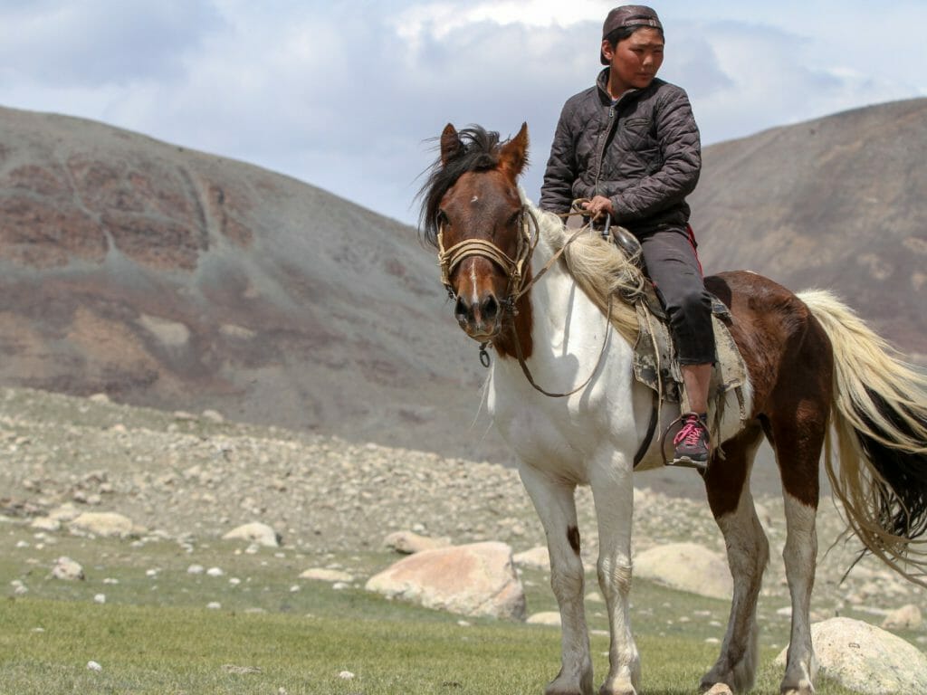Young man on horse with mountains and grass steppes behind.