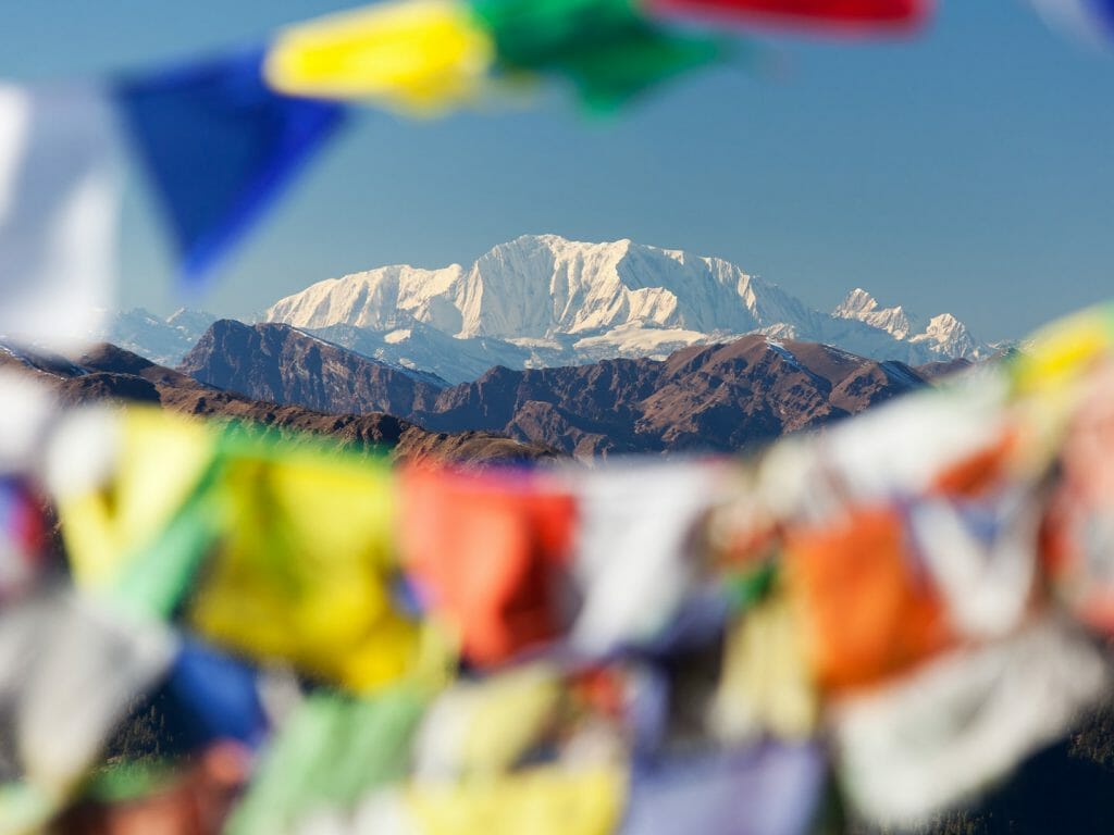 Mount Saipal with prayer flags Nepal Tibet