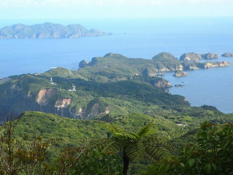 View over rugged green headland towards the ocean and additional island in distance.