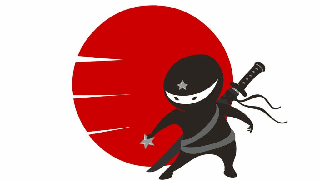 Black, white and red cartoon illustration of a ninja.