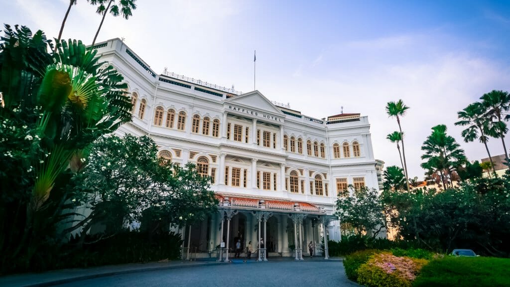 Front facade of the Raffles Hotel in Singapore