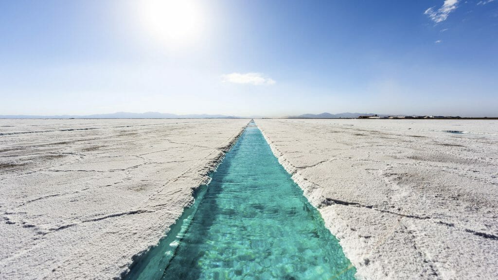 Salt water pool on the Salinas Grandes salt flats in Jujuy province, northern Argentina