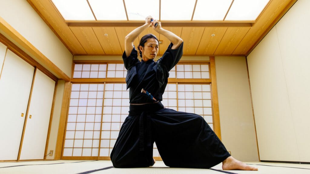 Samurai training in a traditional dojo