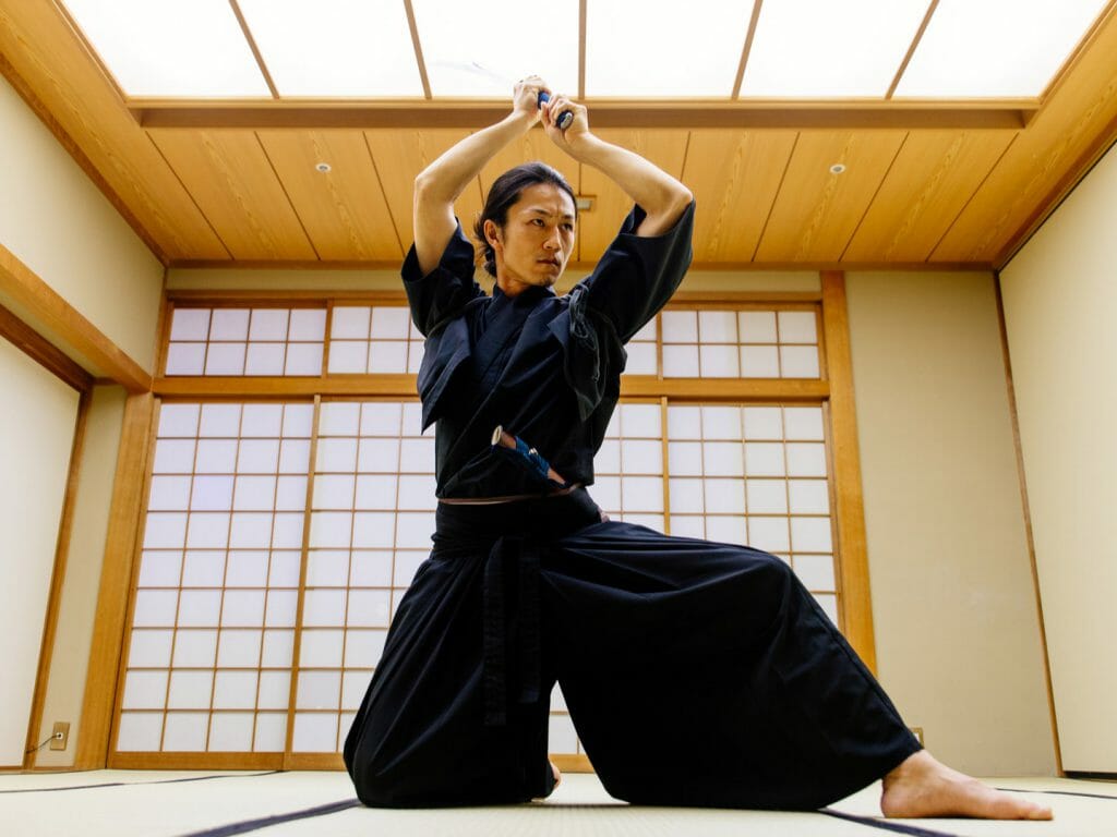 Samurai training in a traditional dojo