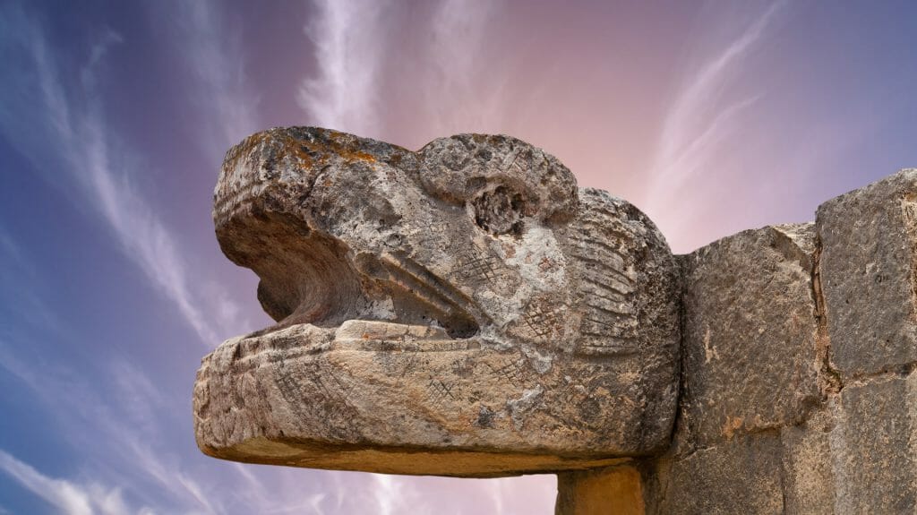 Snake Mayan Sculpture in the city of Chichen Itza, Yucatan, Mexico