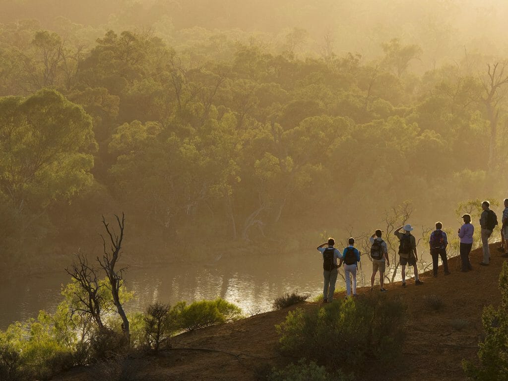 A group of walkers silhoutted on a ridge at sunrise, on Heading Cliffs overlooking a hazy Murray River below.