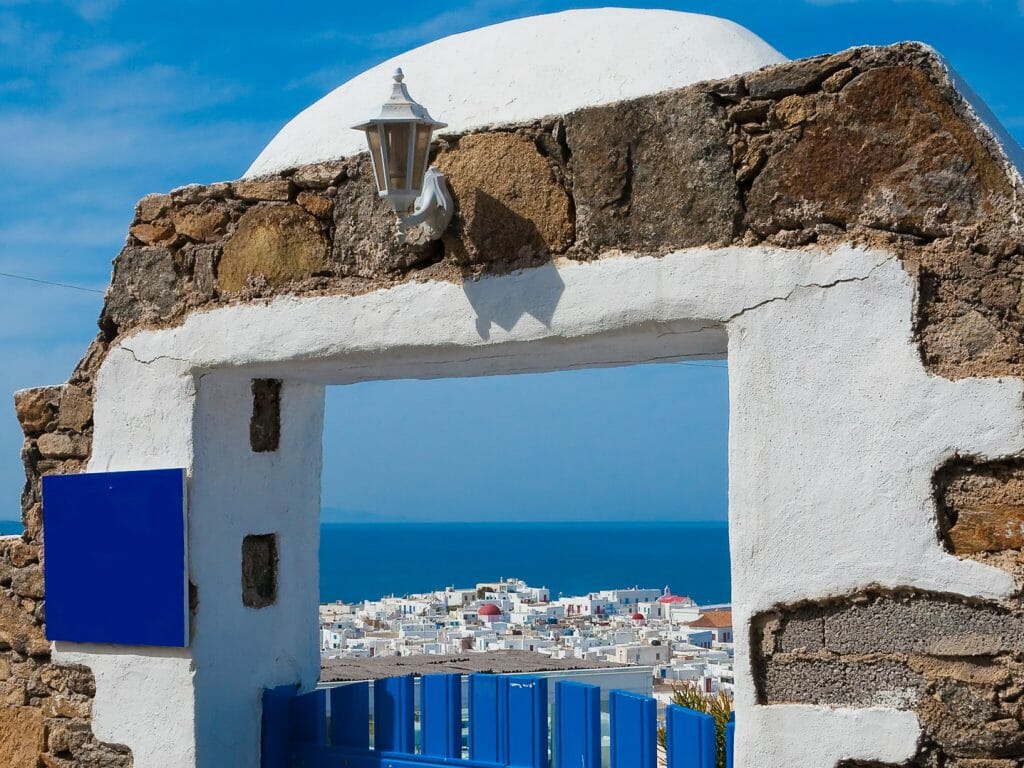 Top view of Mykonos town through the blue gates , Greece