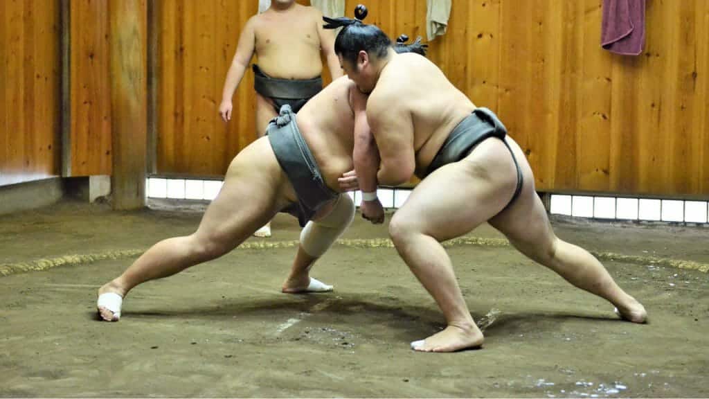 Two sumo wrestlers fighting.