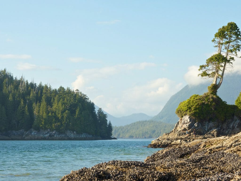 View of rocky shoreline of Tofino, Vancouver Island, Canada