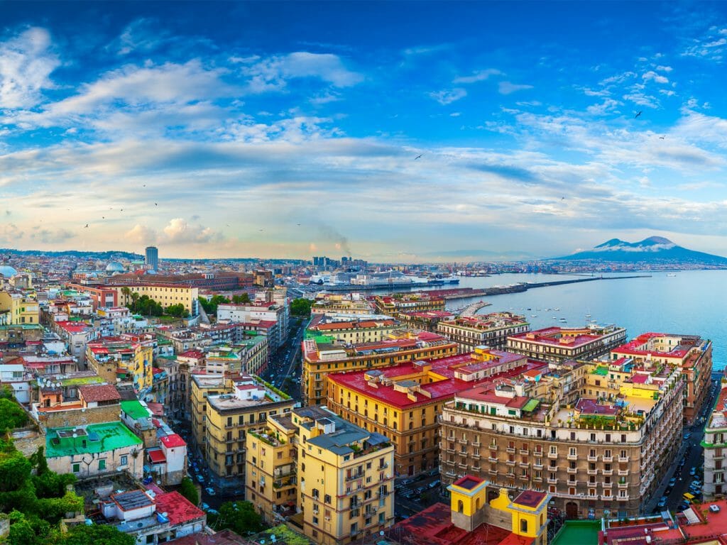 View of the port in the Gulf of Naples and Mount Vesuvius, Naples, Italy