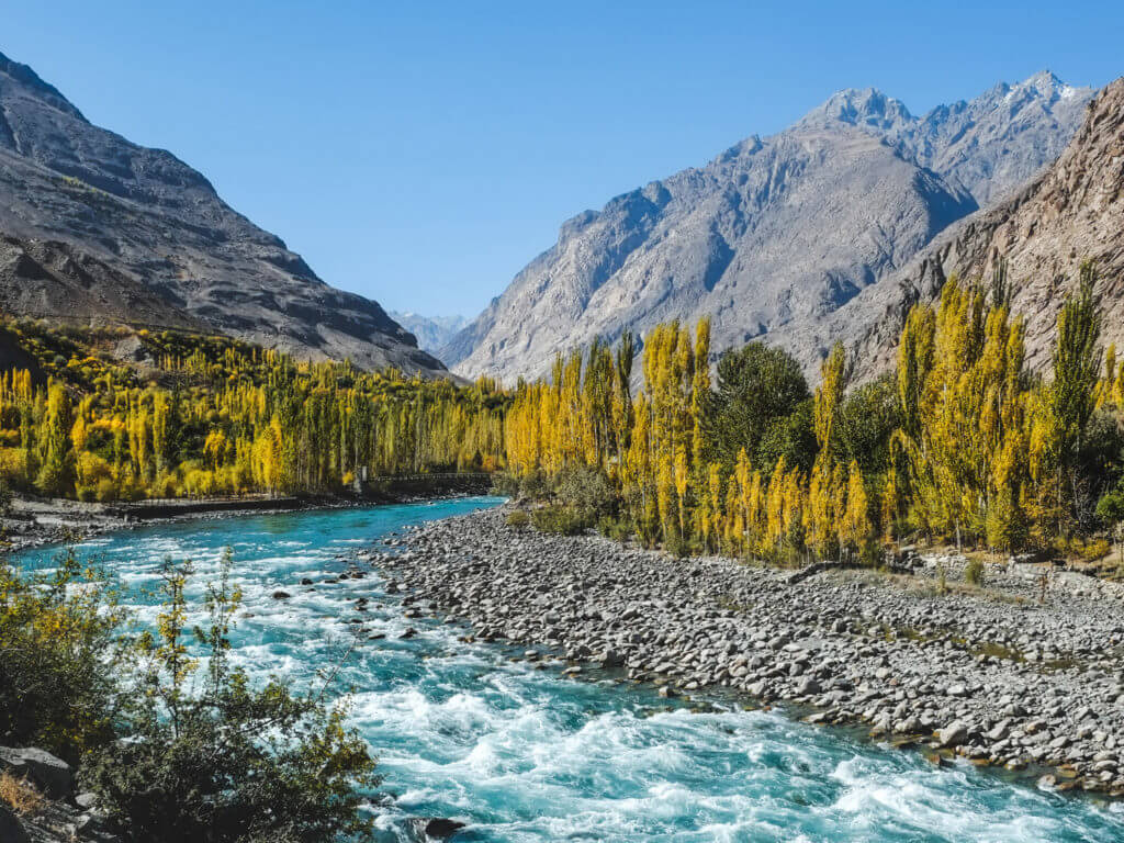 Autumn scene on Gilgit river, Gilgit, Pakistan