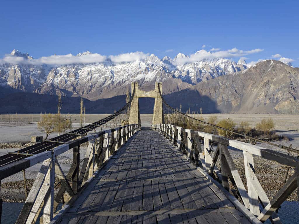 Bridge to Masherbrum mountain peak, Pakistan