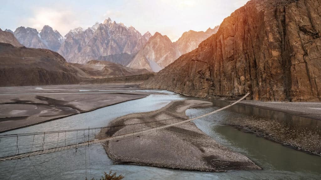 Landscape view of Hussaini hanging bridge above Hunza river, Gilgit , Pakistan