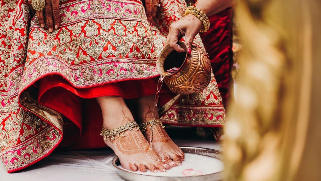 Pouring water on brides feet in Hindu wedding, India