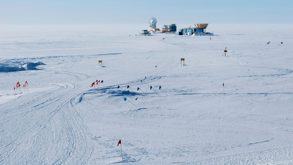 View of the Amundsen Scott Research Station, its telescopes and airstrip, near the South Pole in Antarctica