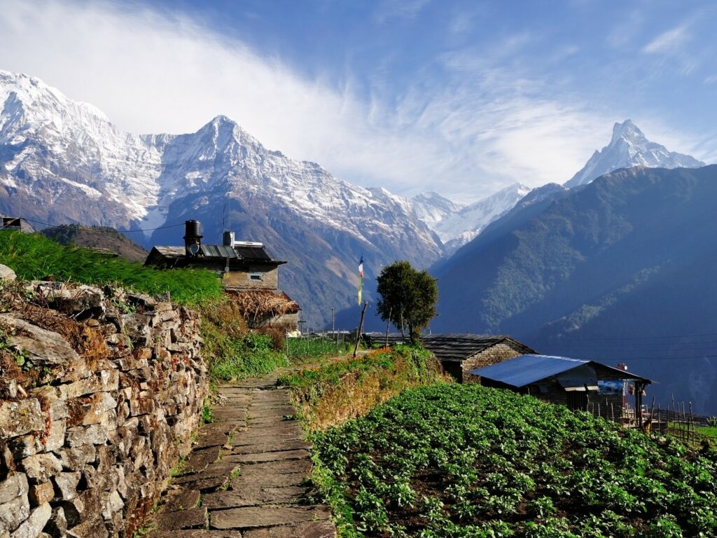 View from small mountain village in the Annapurna Mountains, Nepal