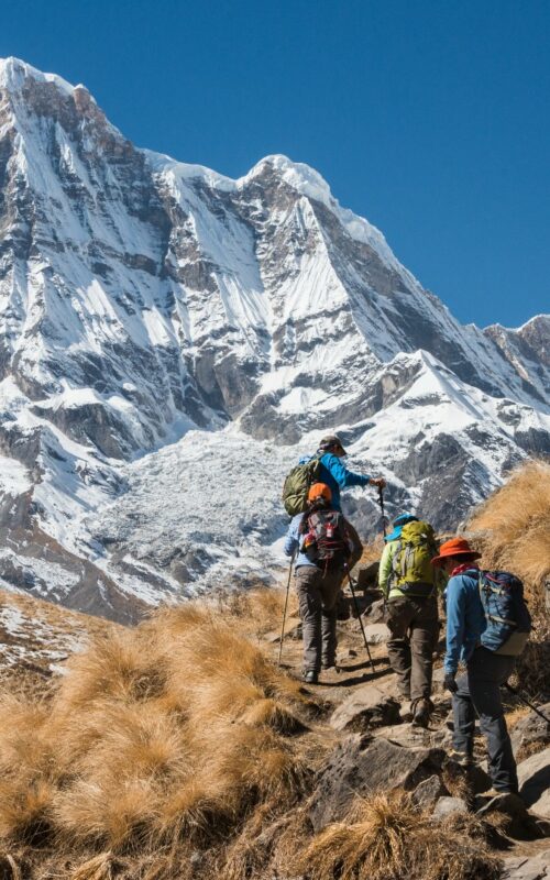 Group of walkers hiking in the Annapurna Mountains, Nepal
