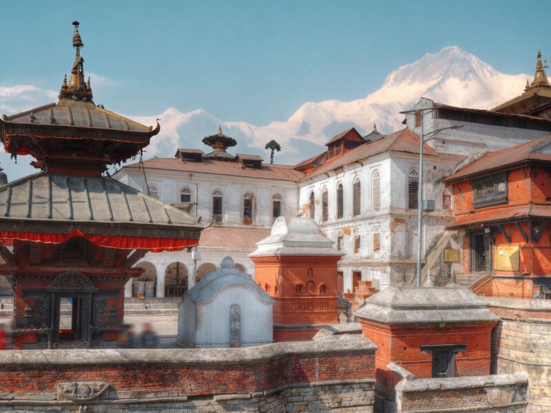 Pashupatinath Temples against mountain backdrop, Kathmandu, Nepal