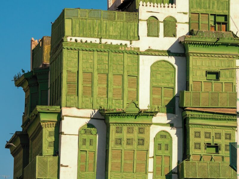 Traditional houses with green shutters, Al Balad district, Jeddah, Saudi Arabia