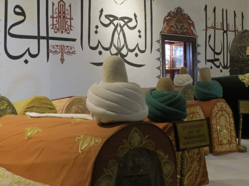 Dervish hats on tombs, Mevlana Musuem, Konya, Turkey