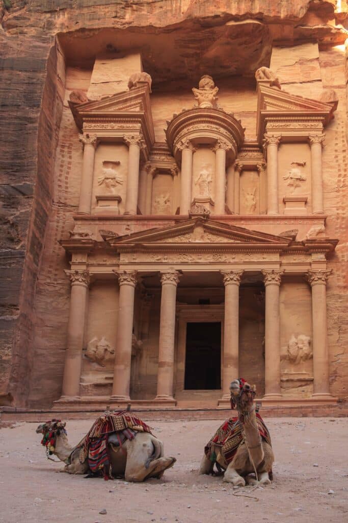 View of Petra with camels, Jordan