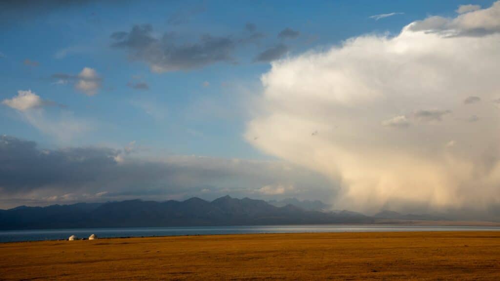 Son Kul Lanscape with yurts, Kyrgyzstan