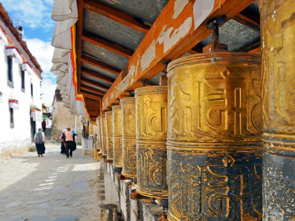 Line of Tibetan prayer wheels, Bhutan