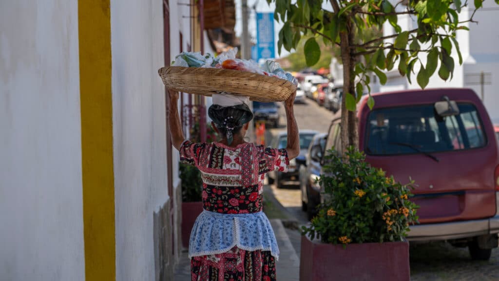 Lady carrying fruits and vegetables in a straw basket, Suchitoto, El Salvador