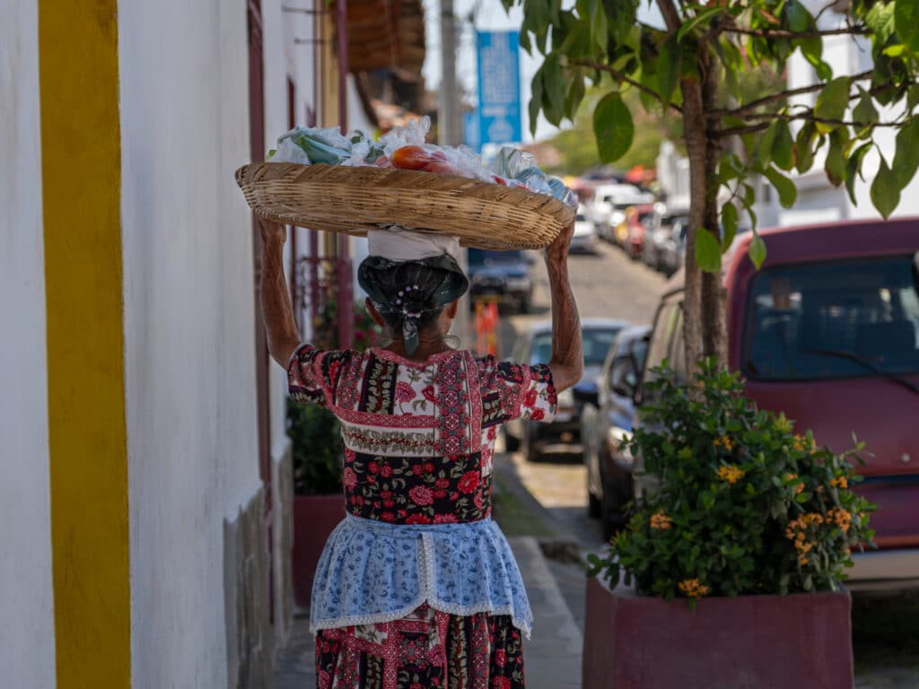 Lady carrying fruits and vegetables in a straw basket, Suchitoto, El Salvador