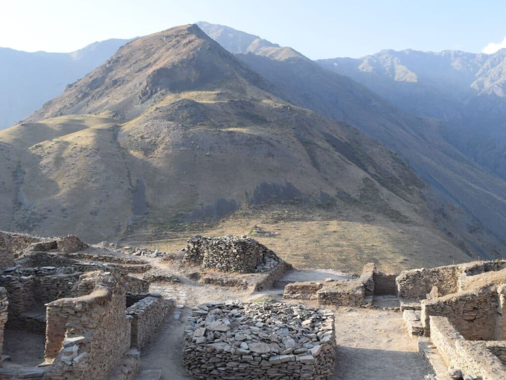 Karon Castle, view from ruins towards mountains, Tajikistan