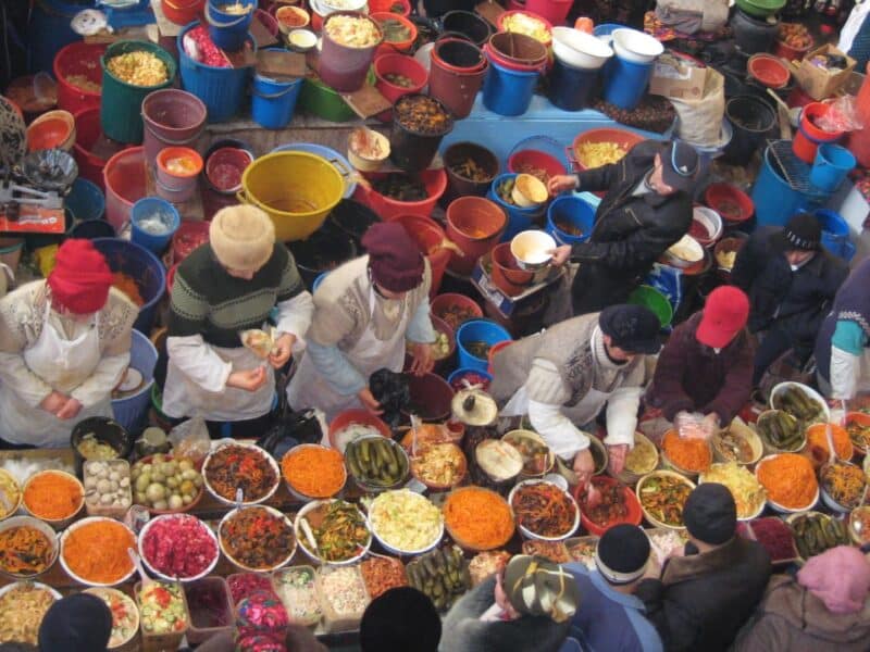 Aerial shot of spice sellers, Khujand bazaar, Tajikistan