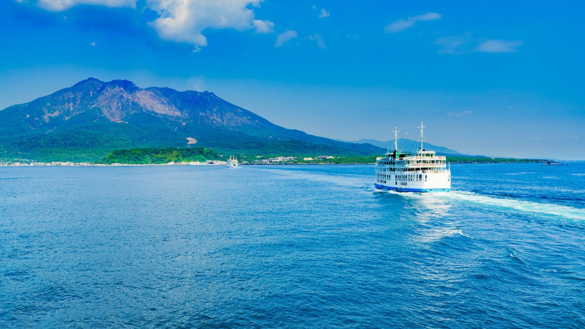 Landscape of Sakurajima island and Kagoshima ferry in Kagoshima, Japan