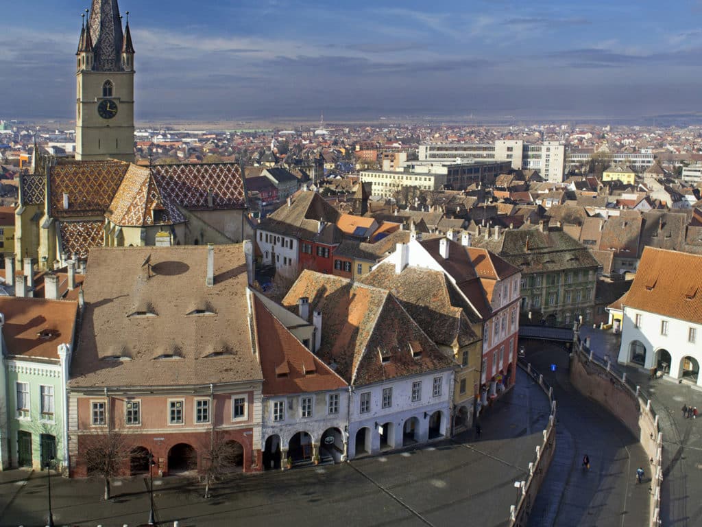 Sibiu old town in Transylvania, Romania, Lutheran cathedral tower