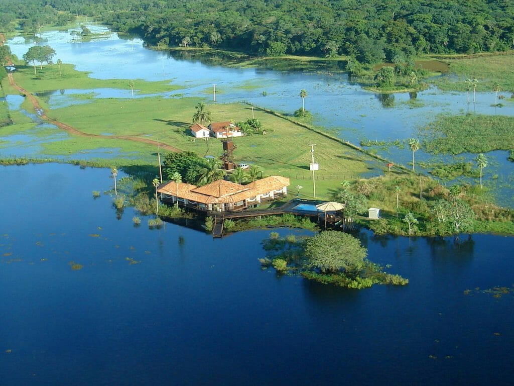 Aerial view of Baiazinha Lodge, Caiman Ecolodge, Pantanal, Brazil