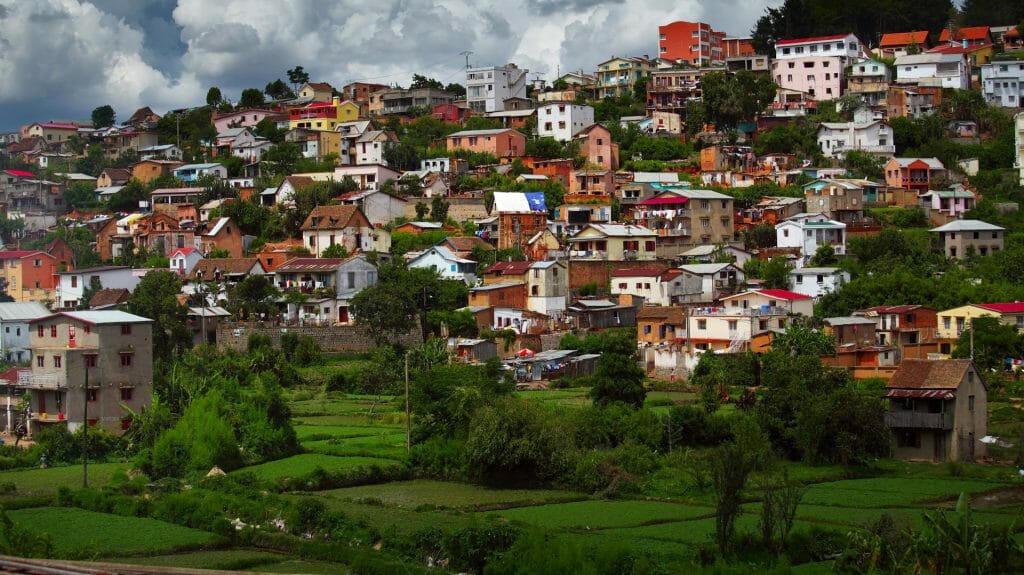 Buildings on a hillside in the city of Antananarivo, Madagascar